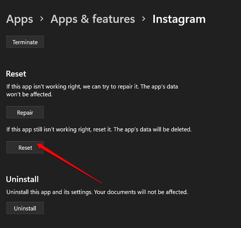 reset Instagram app for Windows