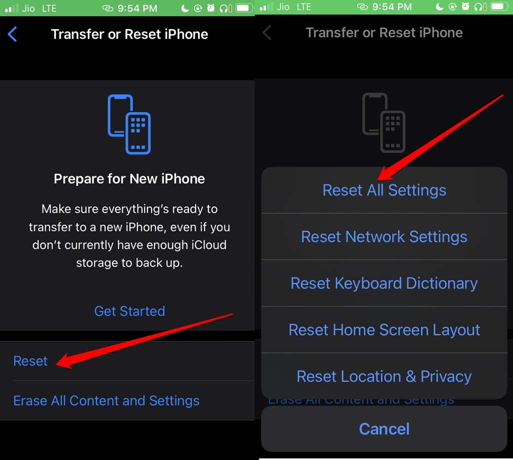 reset all settings of iPhone