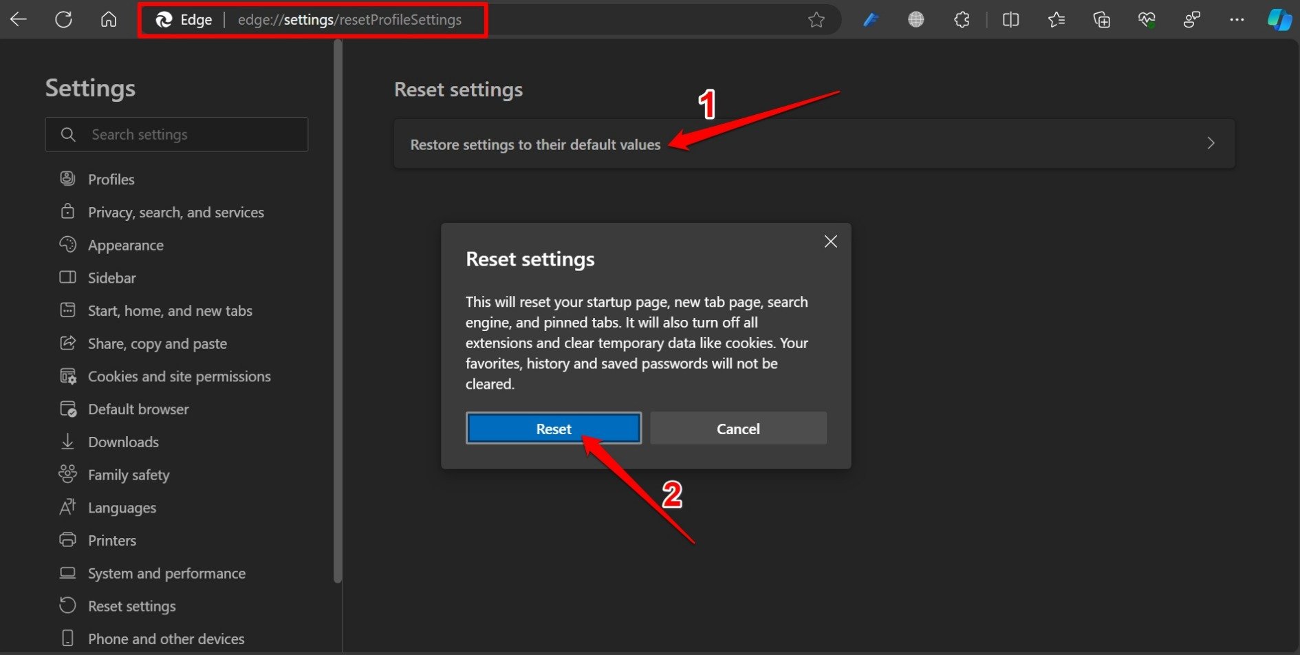 reset settings in Edge browser