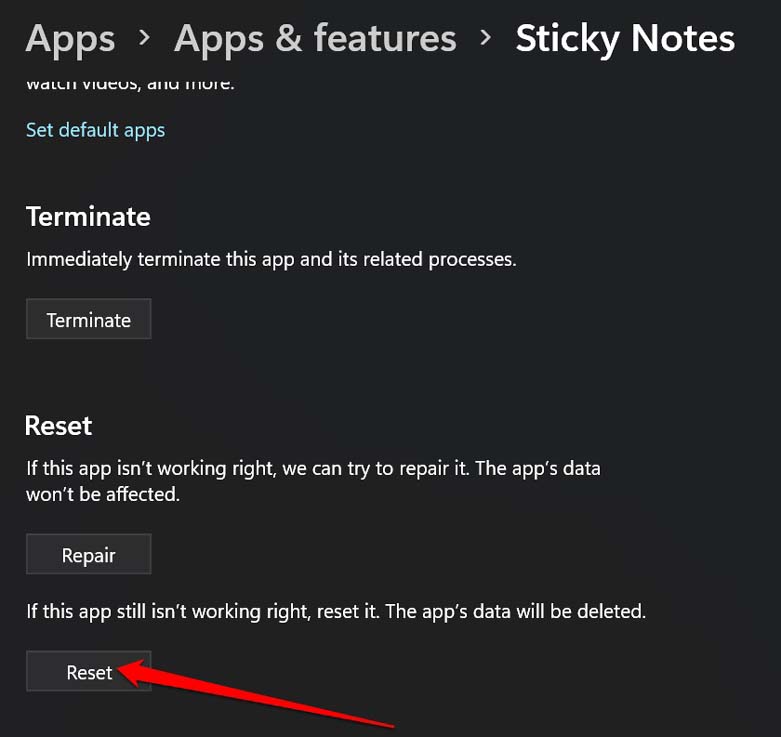 reset sticky notes app