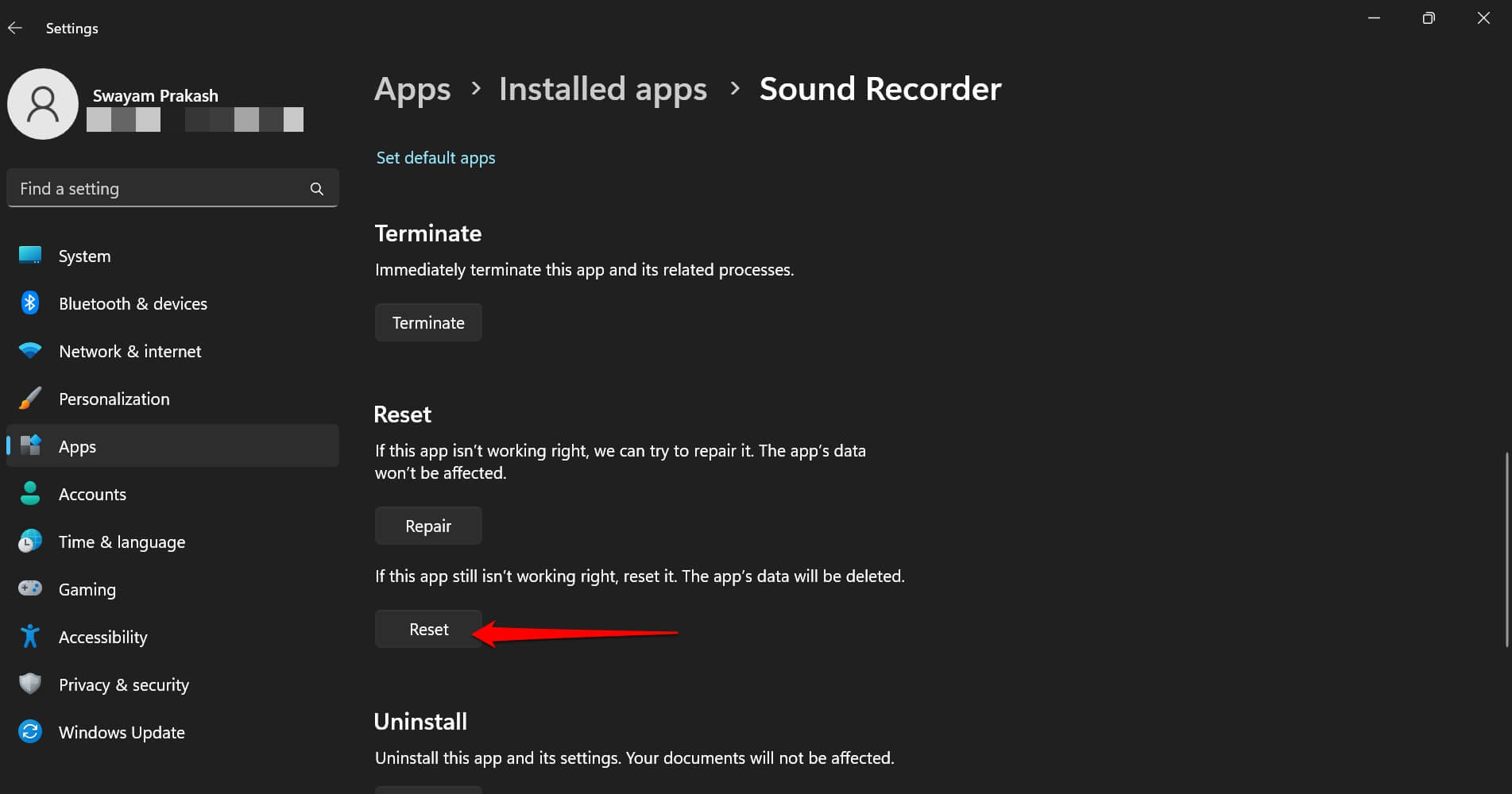 reset the Sound recorder app Windows