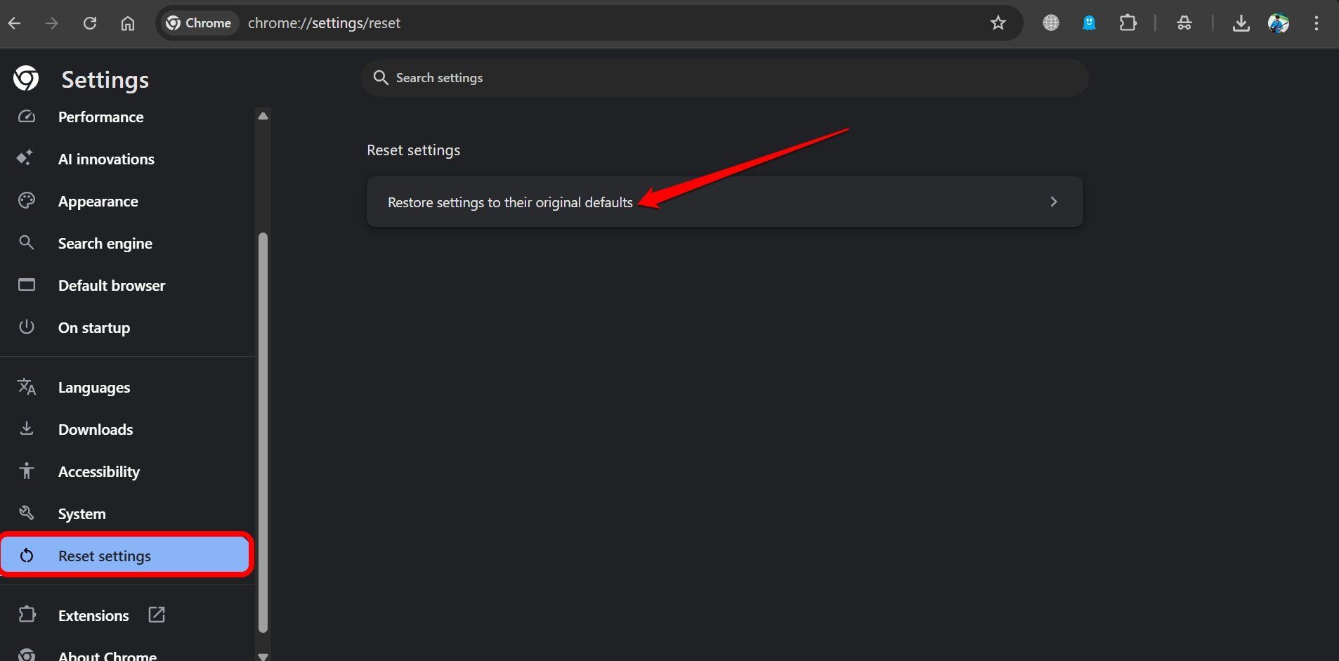 restore chrome settings to default