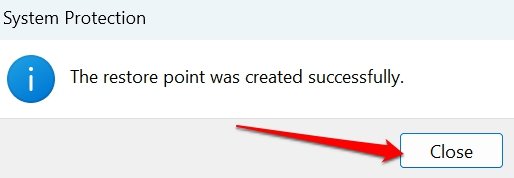 restore point created successfully