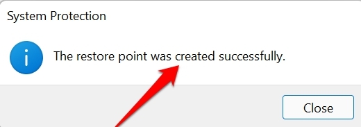 restore point created successfully