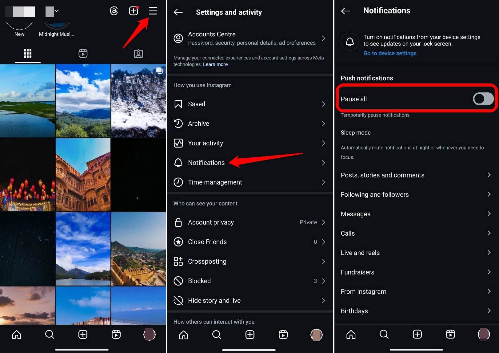 resume notifications on Instagram