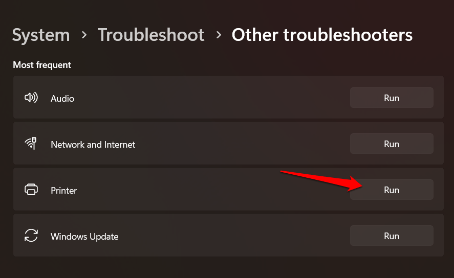other troubleshoot>printer> Run