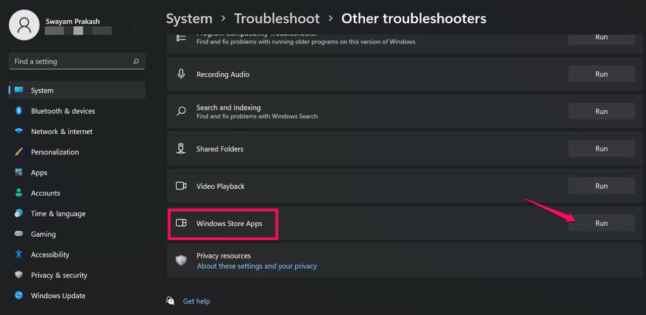 run the troubleshooter for Windows Store