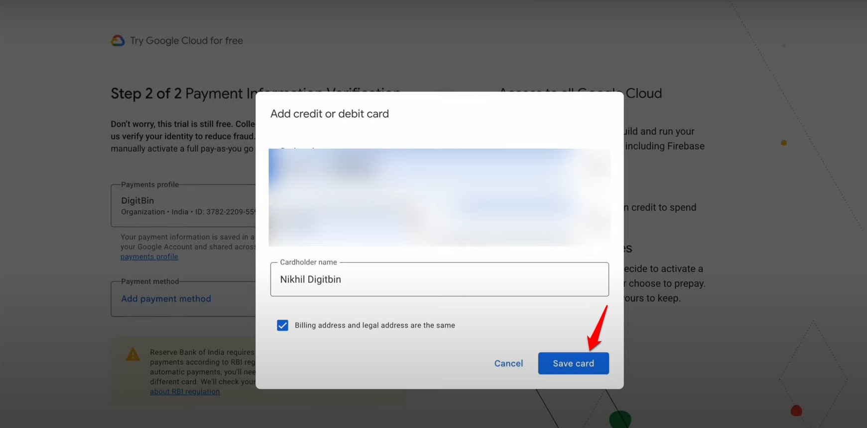save card payment method for Google cloud