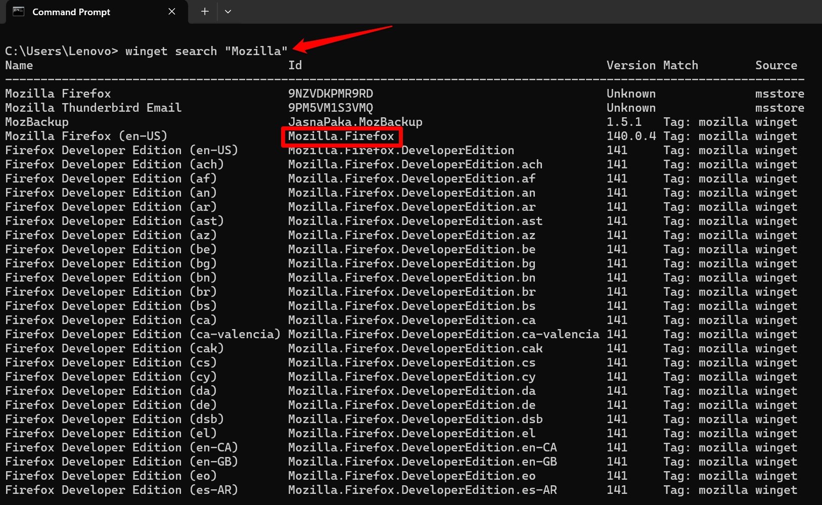 search for app packages using Winget command prompt