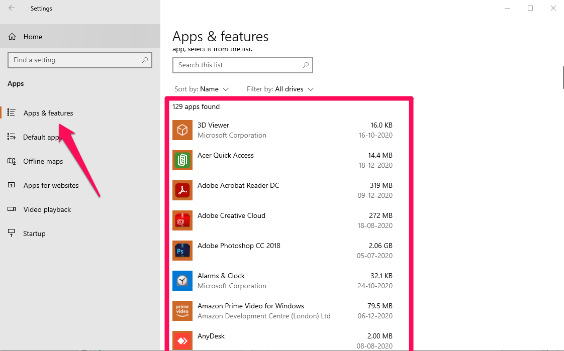 see the list of all the installed apps on the right side of the window