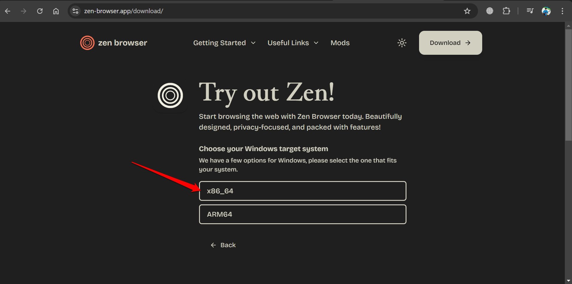 select OS architecture to install Zen browser