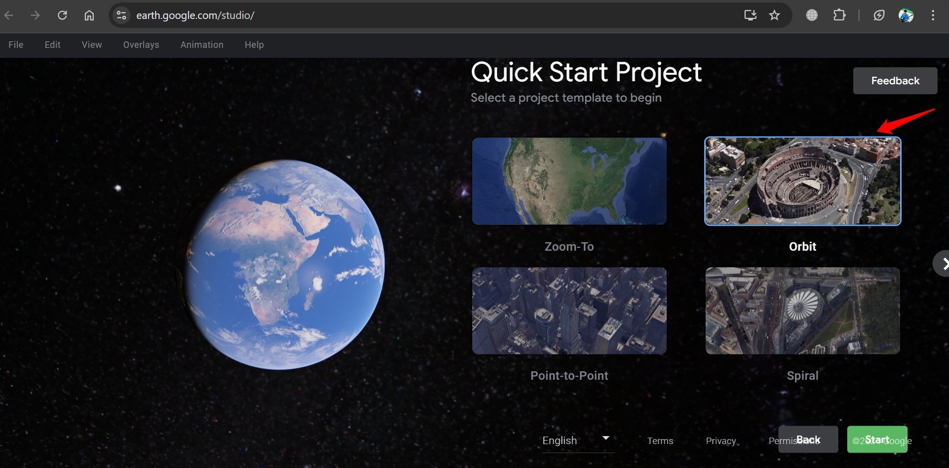 select a project template in Google Earth Studio