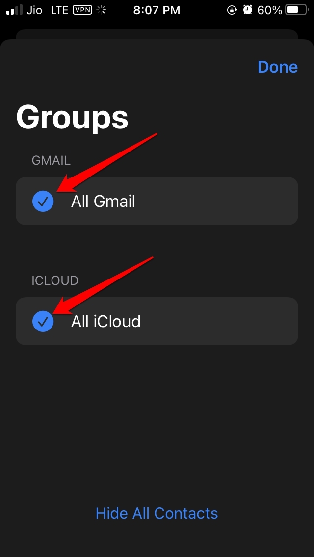 select all synced accounts on iPhone contacts