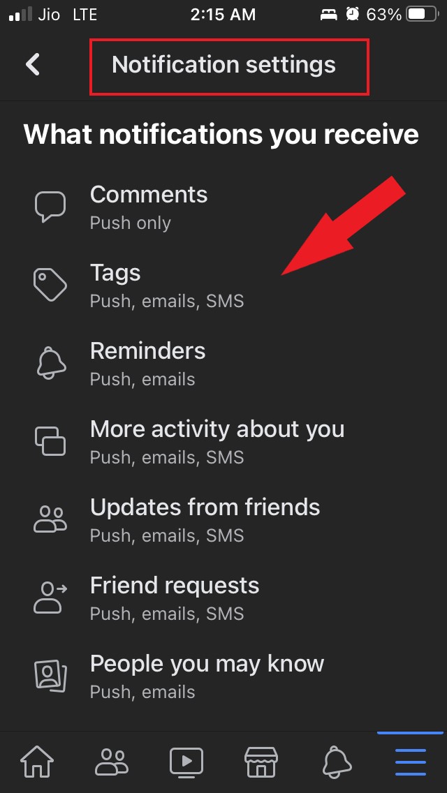 select any notification setting