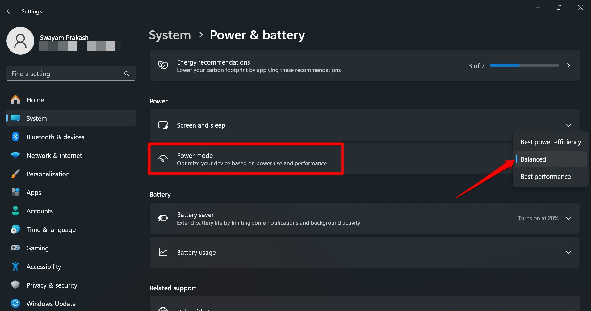 select balanced power mode in Windows 11