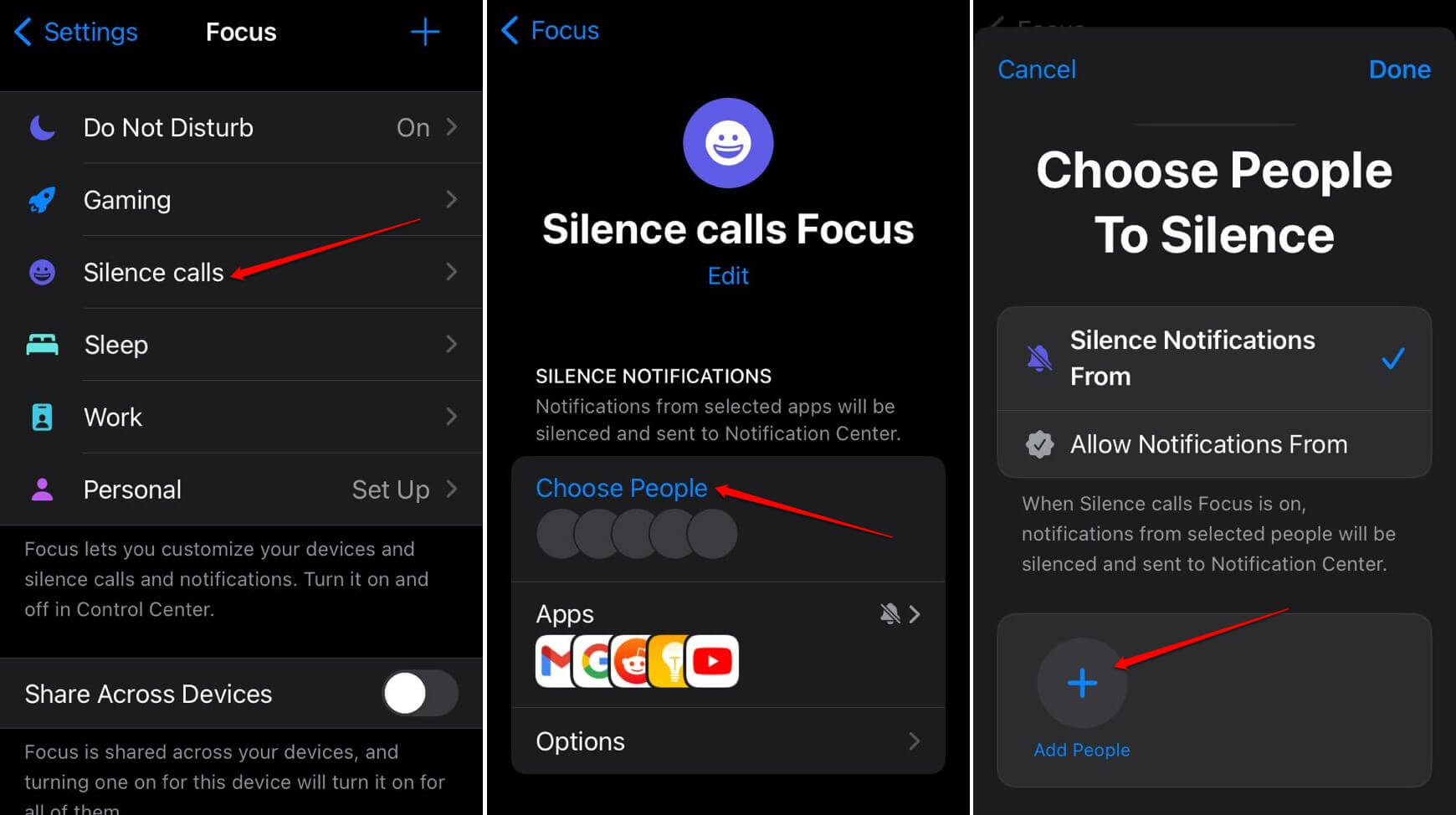 select contacts to silence calls on iPhone 
