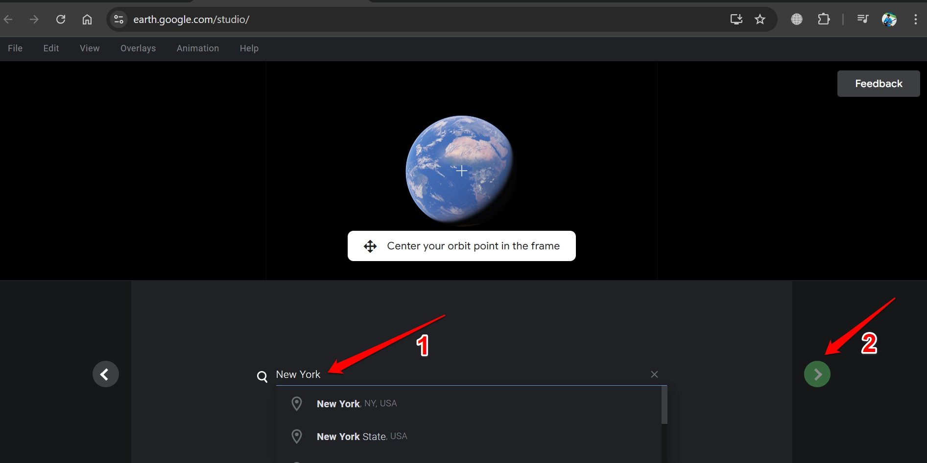 select location in Earth studio