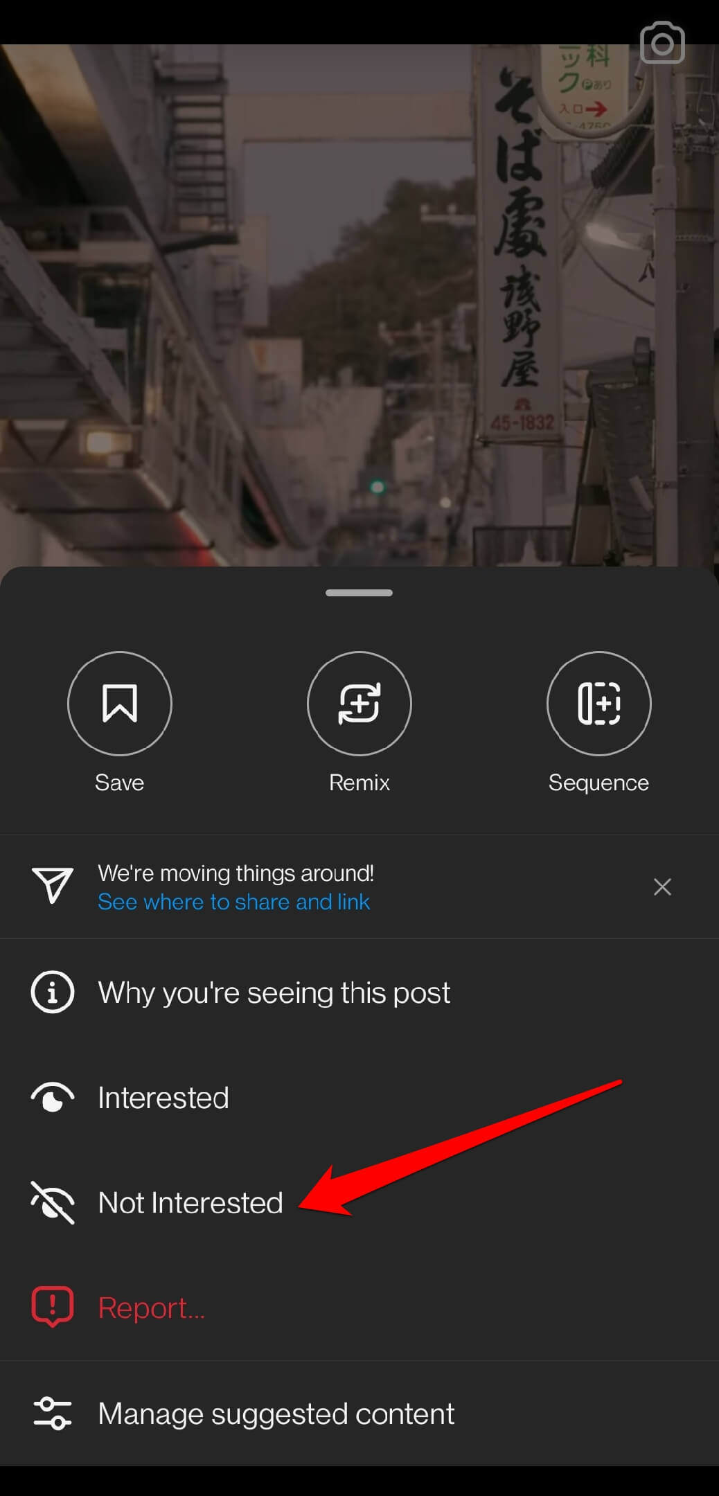 select not interested for Instagram post