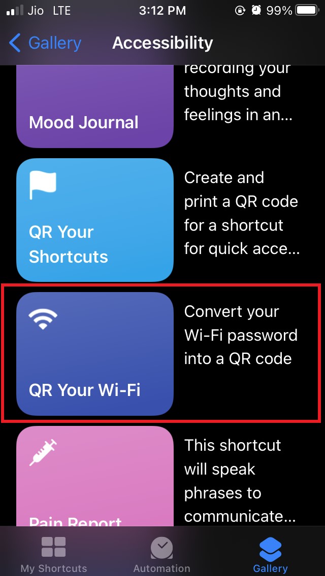 select qr your wifi shortcut