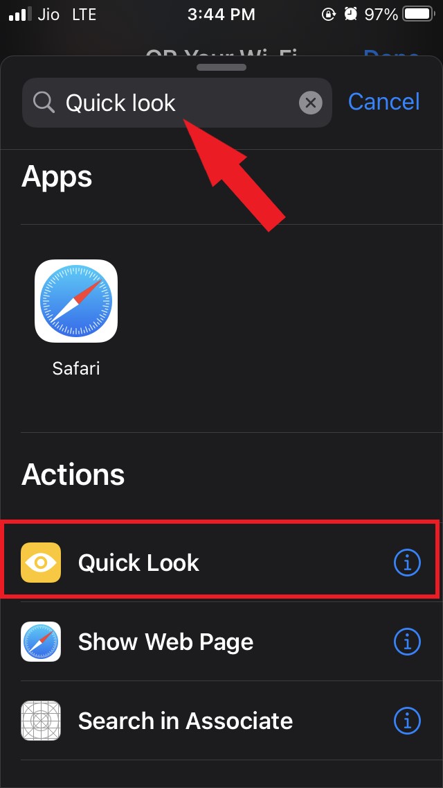 select quick look action for shortcut