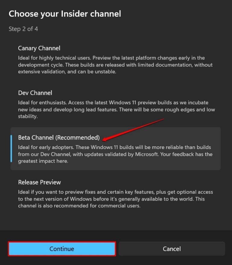 select the Windows insider channel