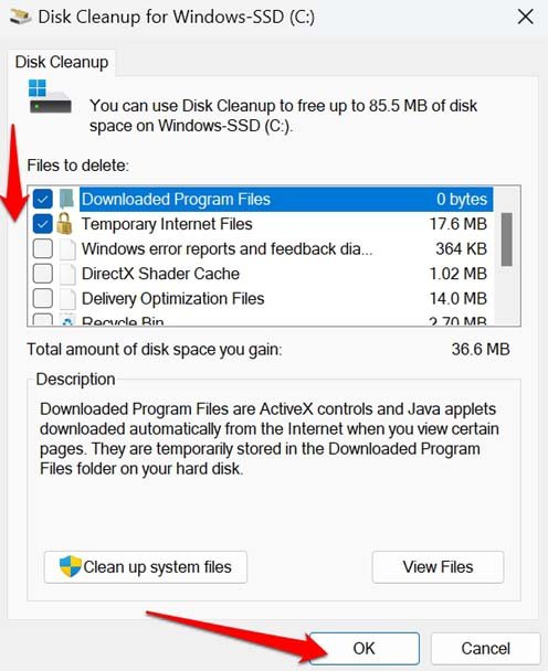 select the files for disk cleanup Windows