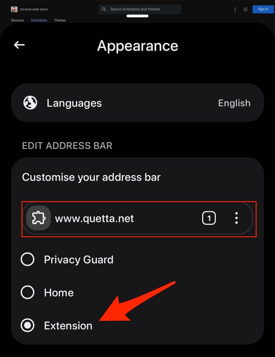 select Extensions under 'Customize address bar'