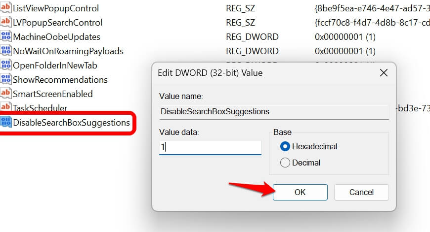 set DisableSearchBoxSuggestions value as 1