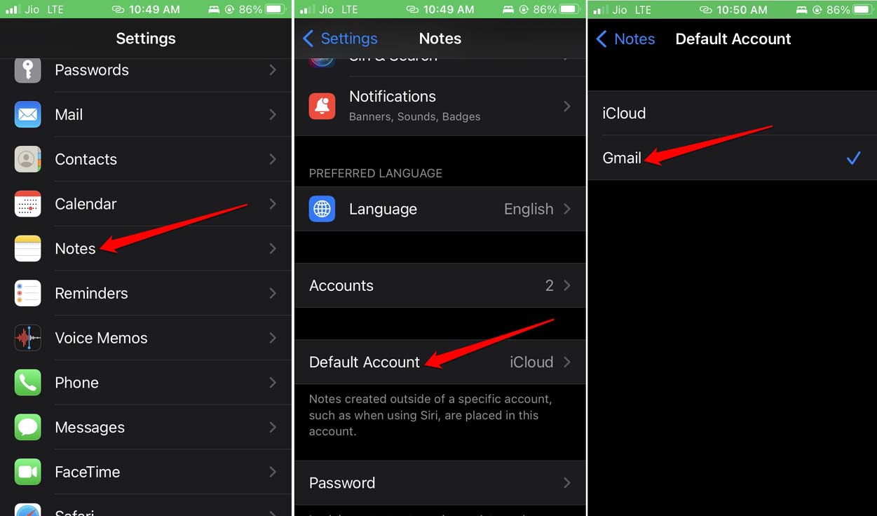 set Gmail as default account for Notes app