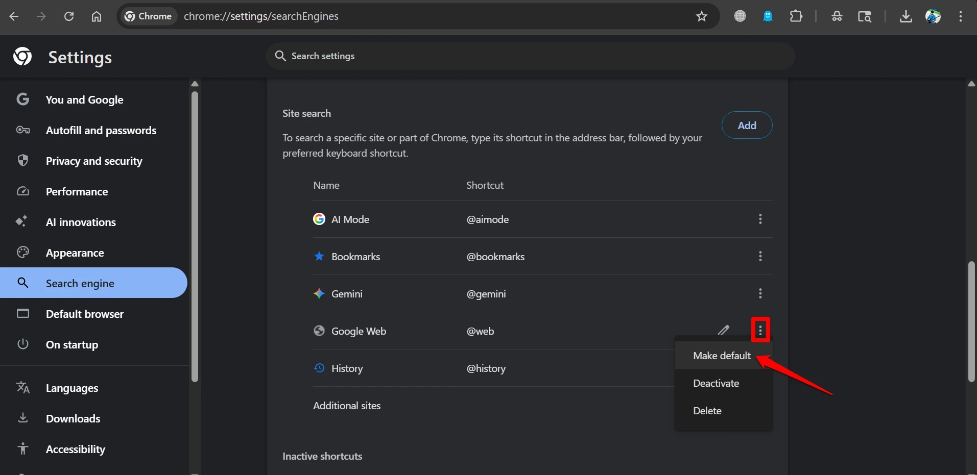 set Google web as default for site search