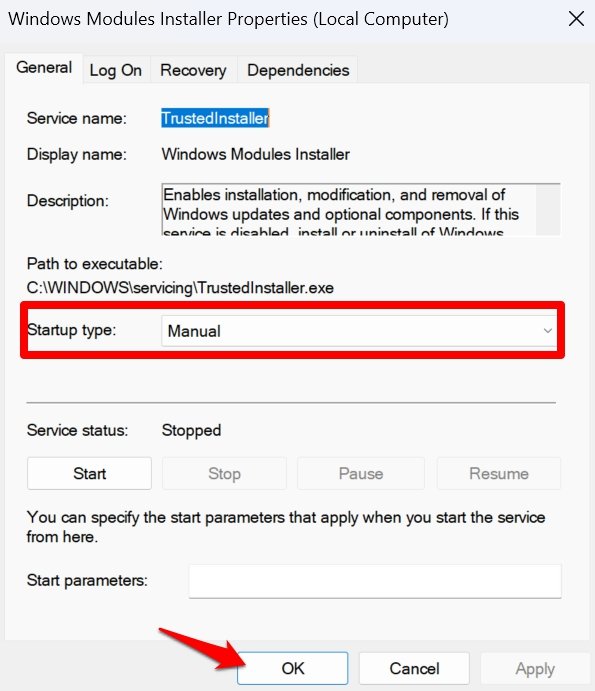 set Windows modules installer startup to manual