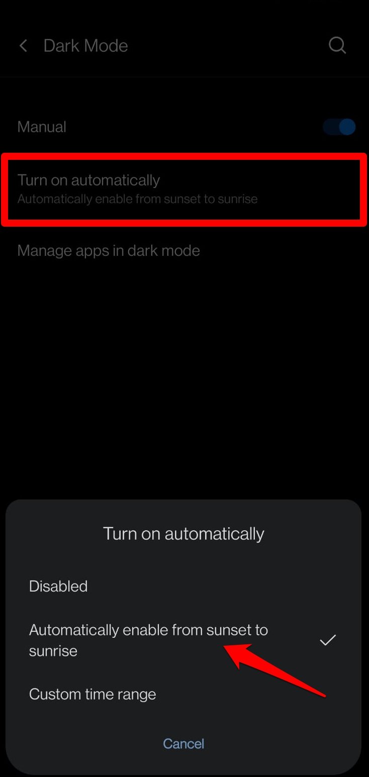 set automatic dark mode on Android OS