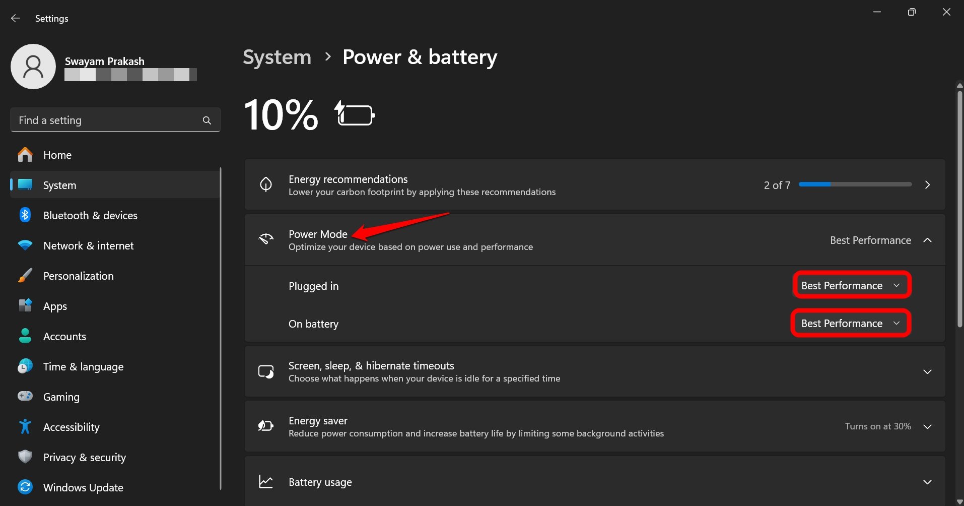 set best performance power mode in Windows 11