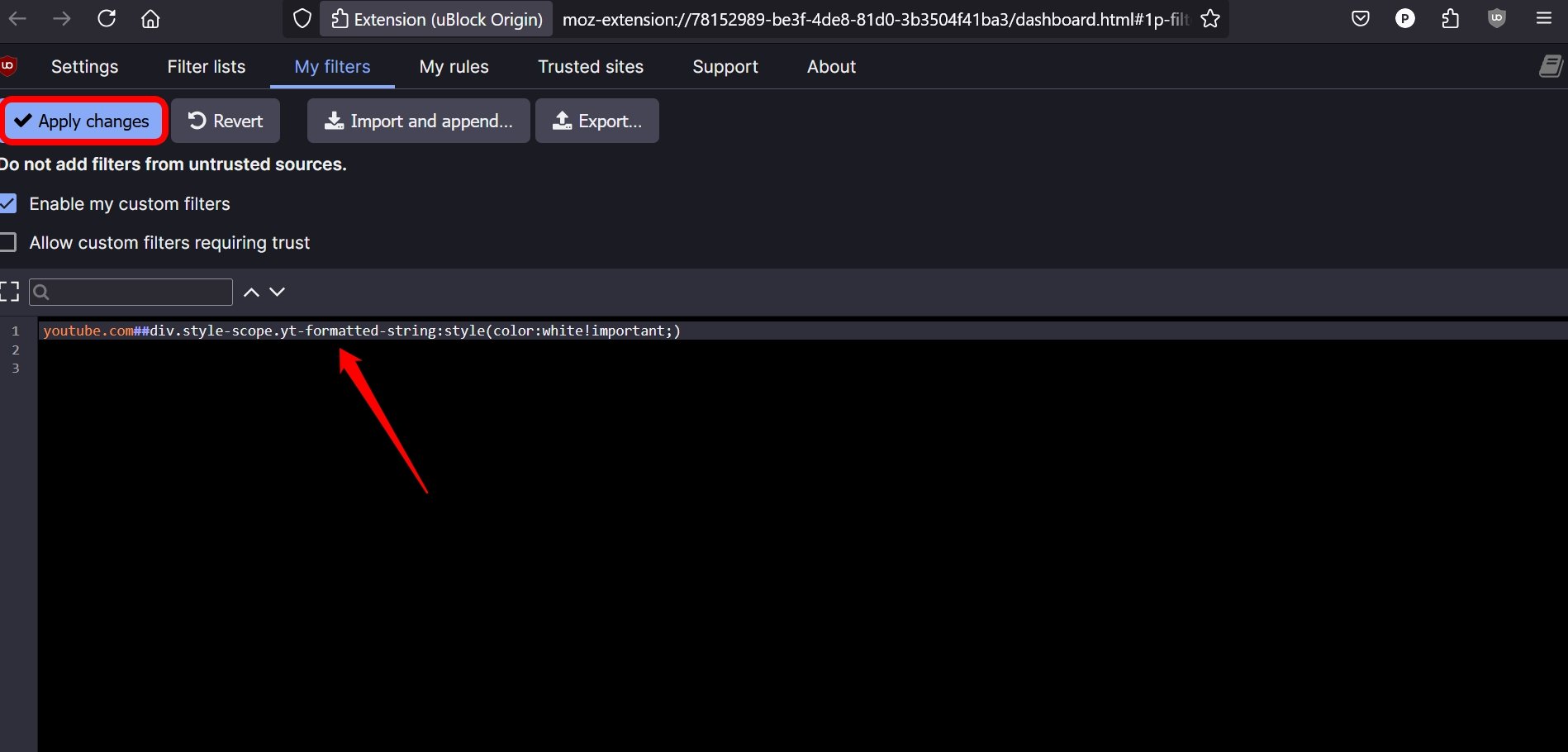 set custom ublock filter to change text color in Firefox
