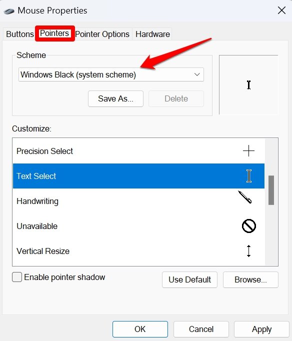 set mouse pointer scheme to windows black system scheme