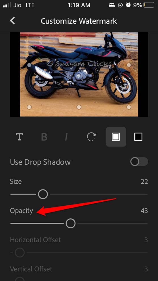 set opacity of watermark on Adobe Lightroom