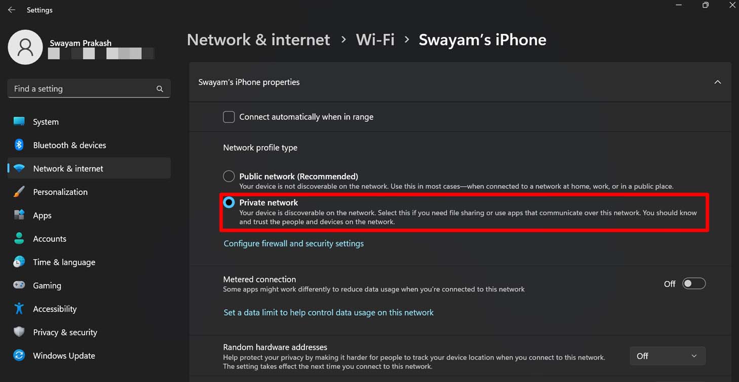 set private network for WiFi network
