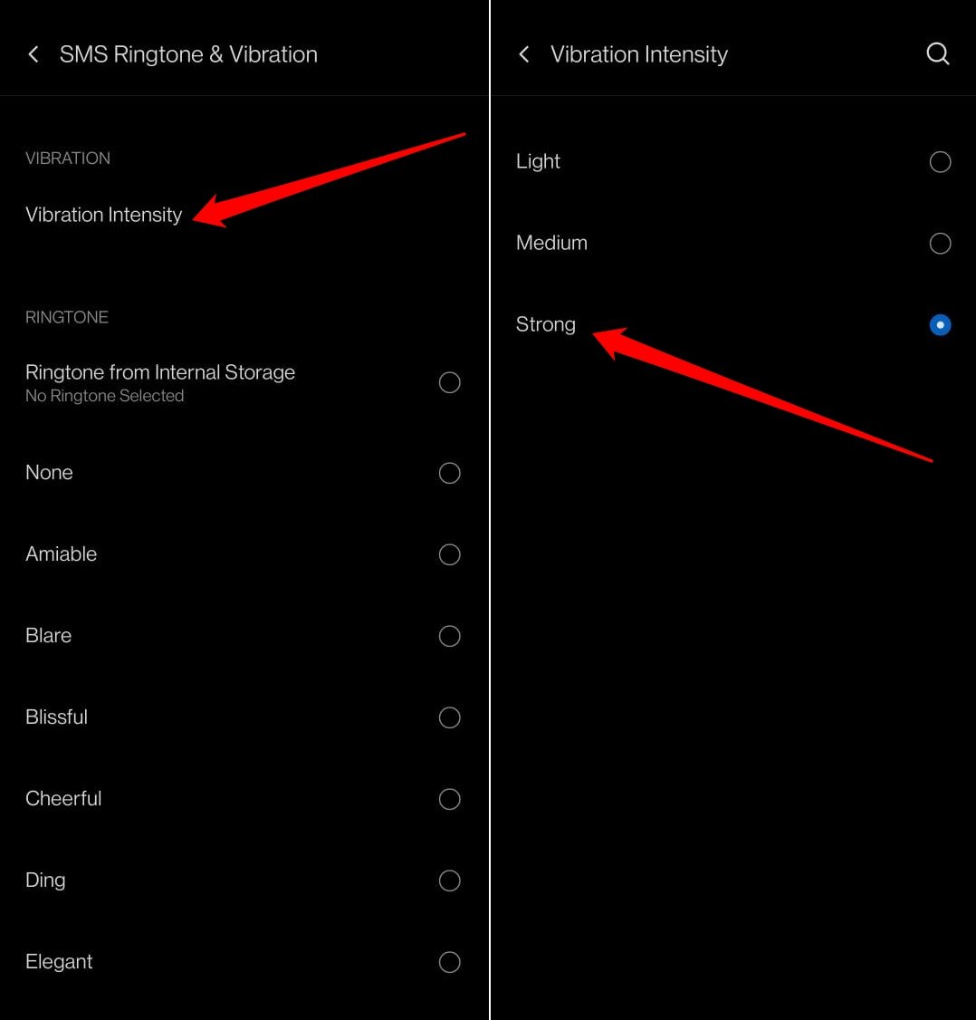 set strong vibration intensity for SMS notifications 