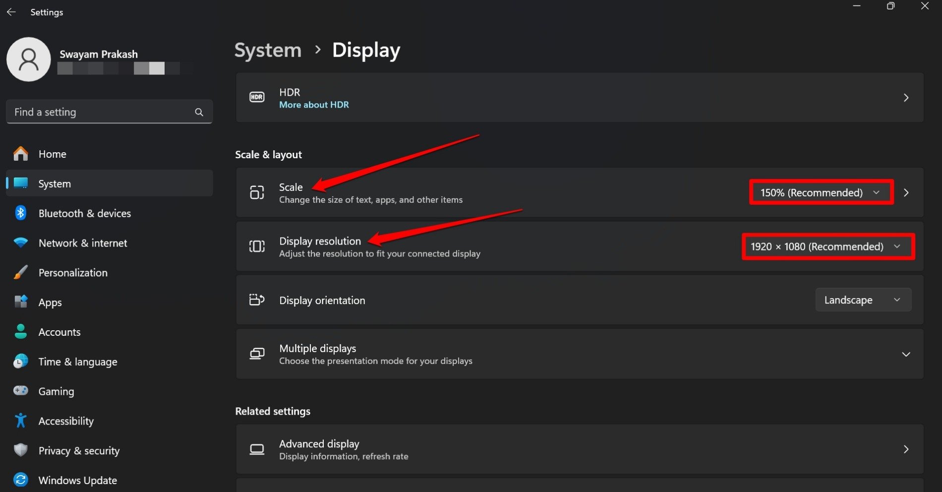 set the default scale and display resolution in Windows 11