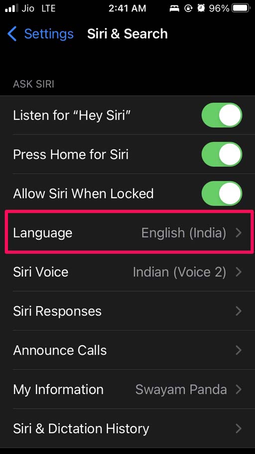 set the language for Siri