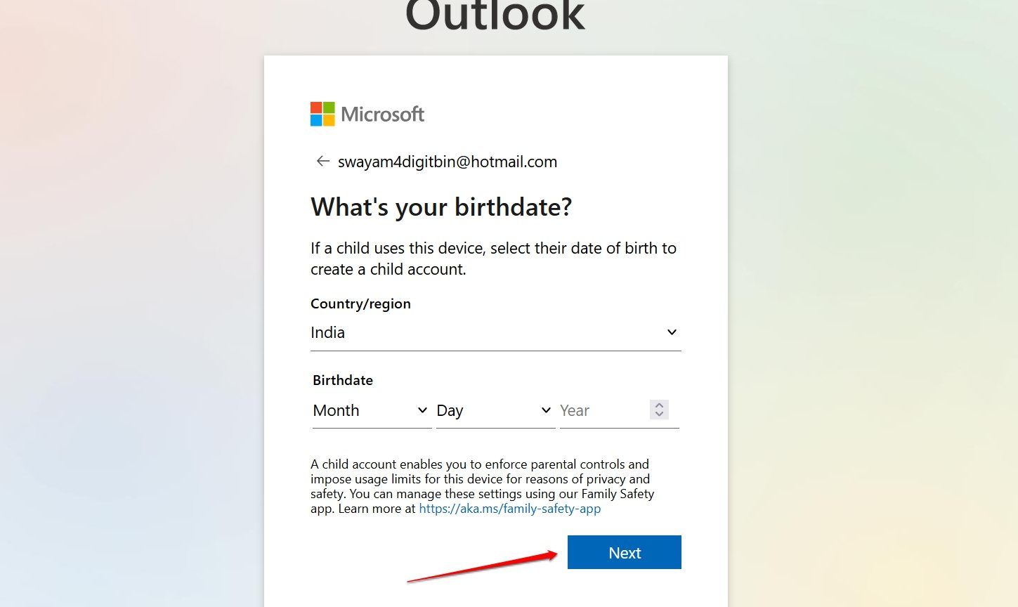 set the region and date of birth for hotmail account