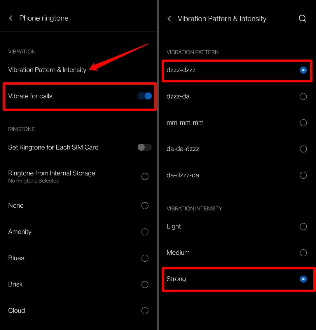 set the vibration pattern and intensity for phone calls Android