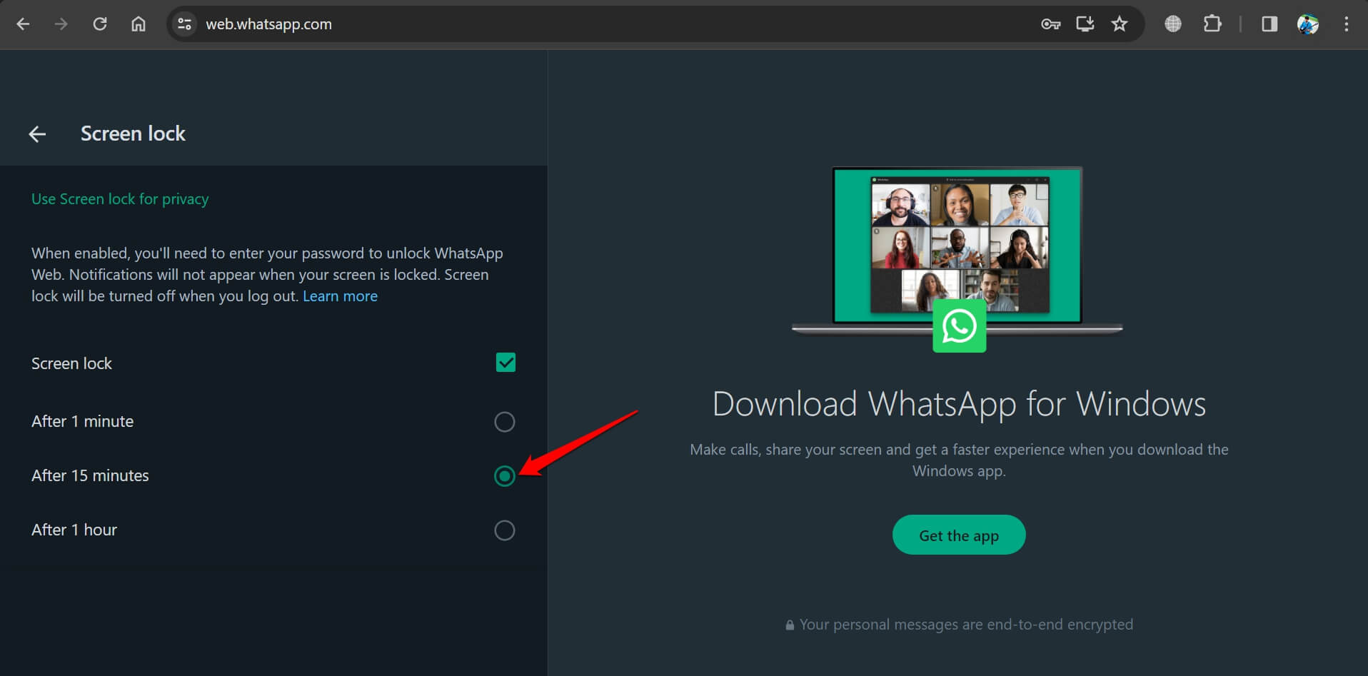 установить время блокировки веб-экрана WhatsApp