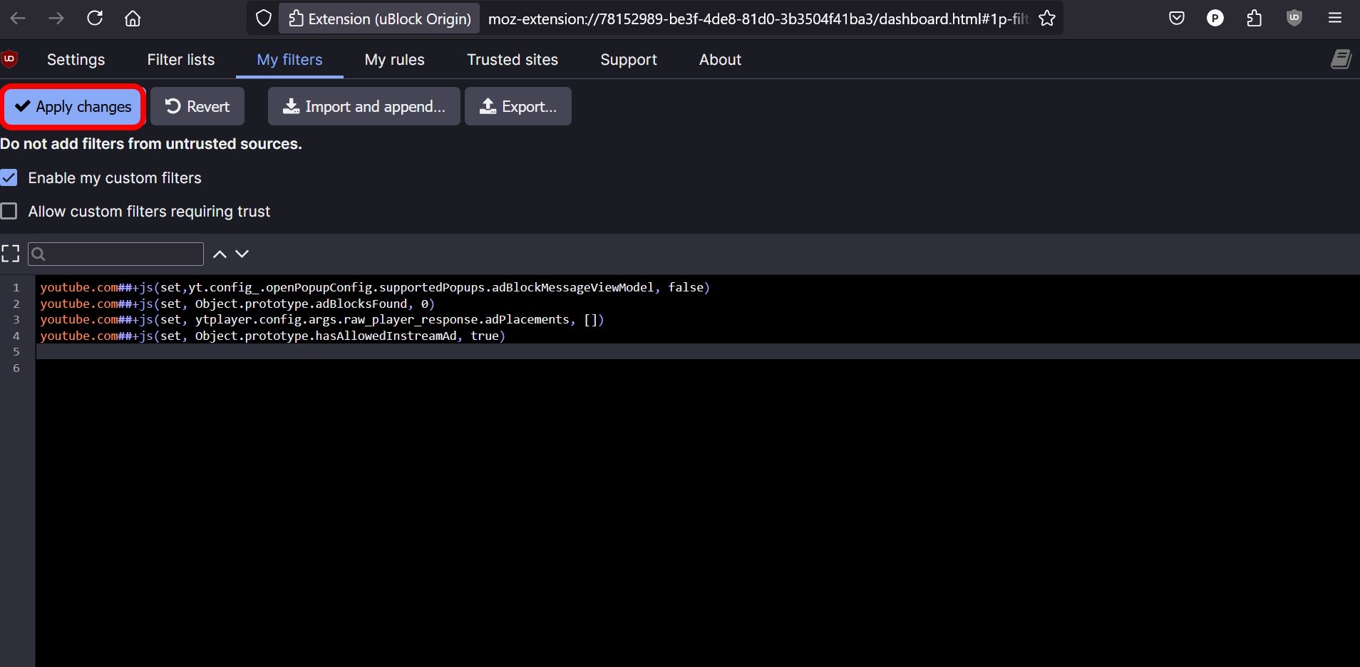 set ublock origin filter to bypass YouTube adblock detection