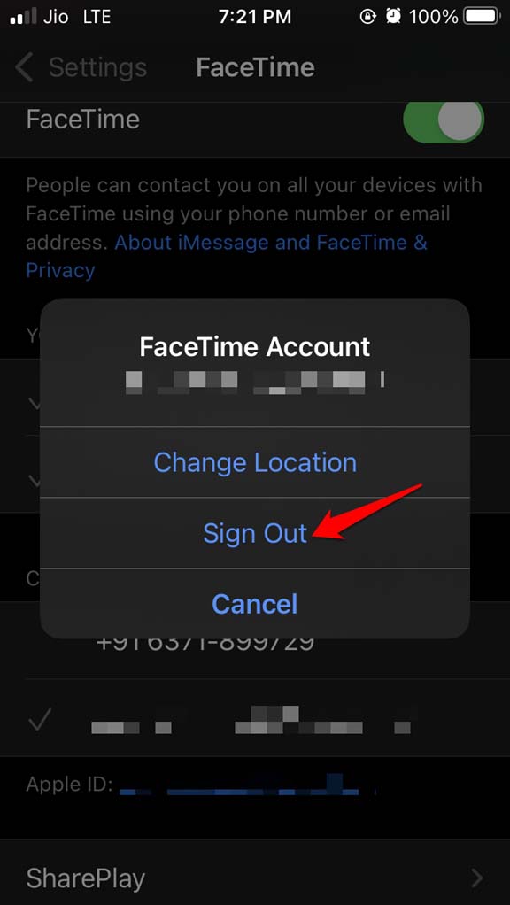 sign out of Facetime account