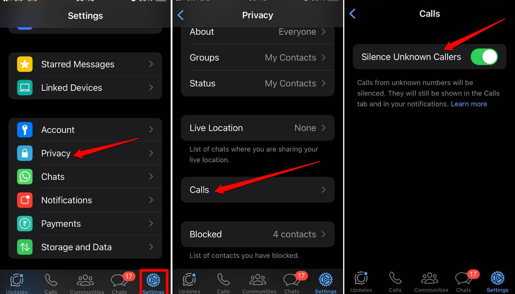 silence unknown callers on WhatsApp for iOS