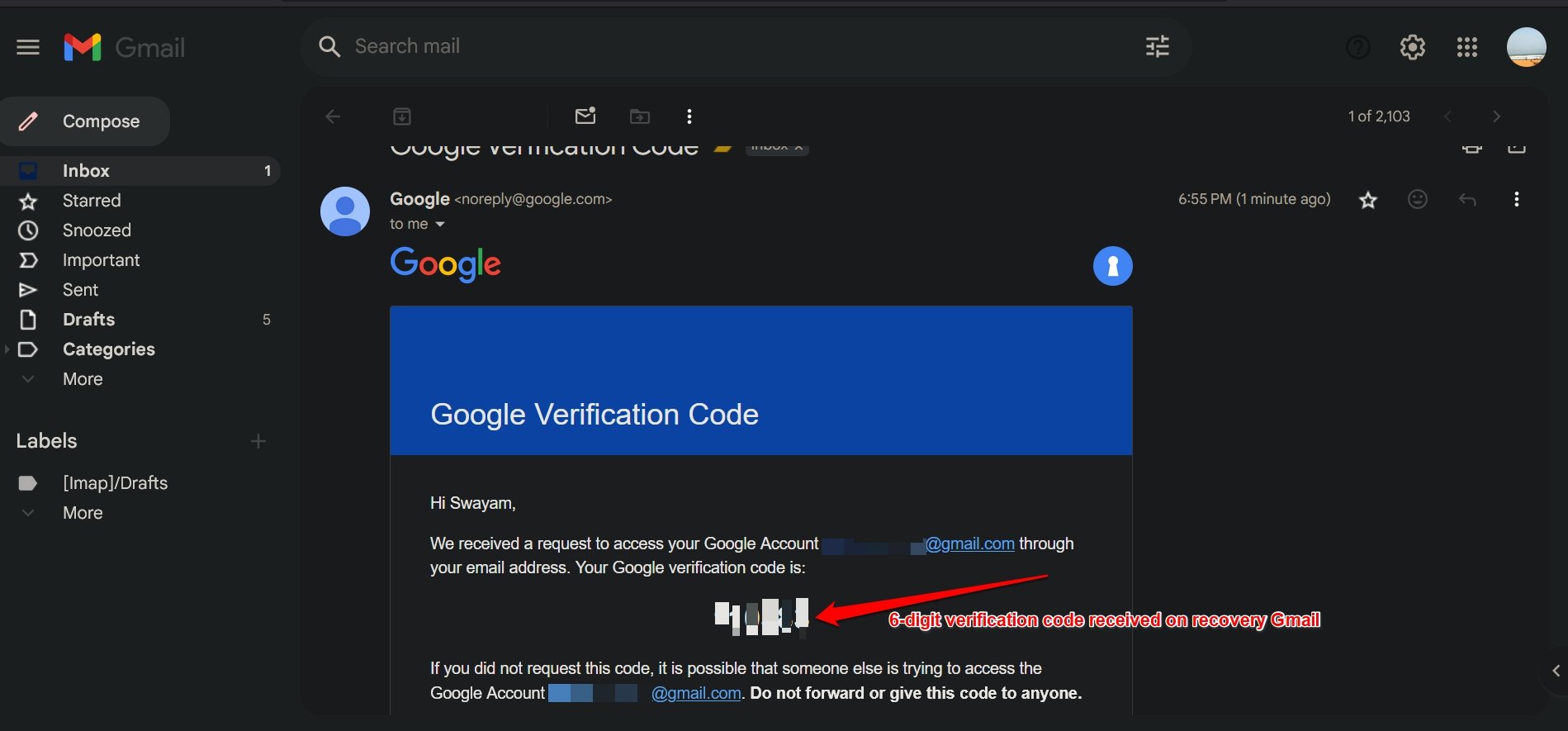 six digit verification code received on recovery Gmail