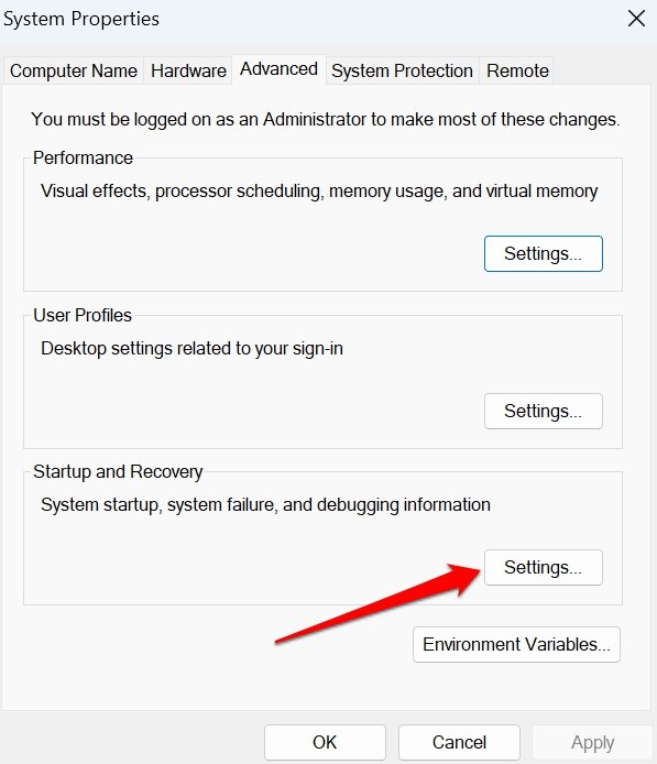 startup and recovery settings Windows 11