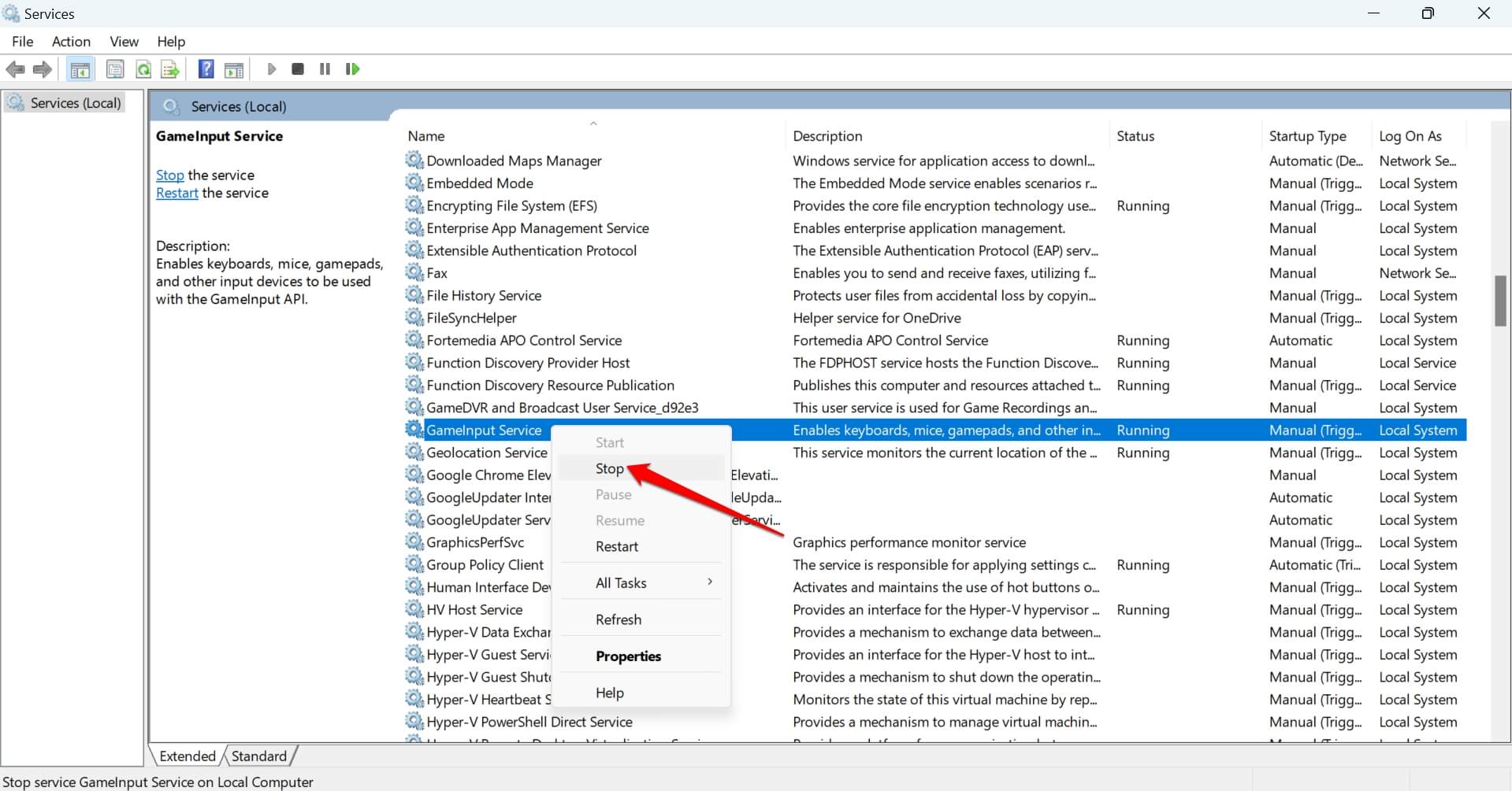 stop the GameInput service on Windows 11