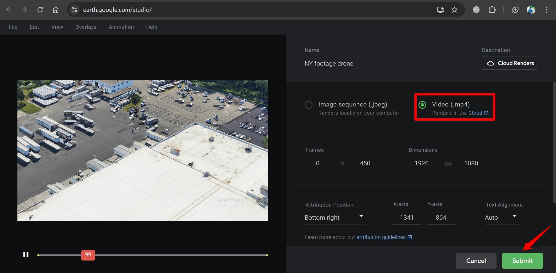 submit drone video to render in cloud